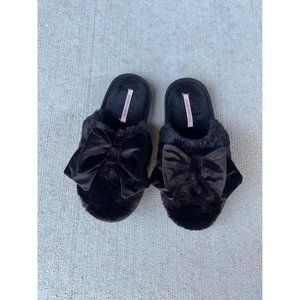Victoria's Secret Black Fluffy Bow Tie Slippers Size 8